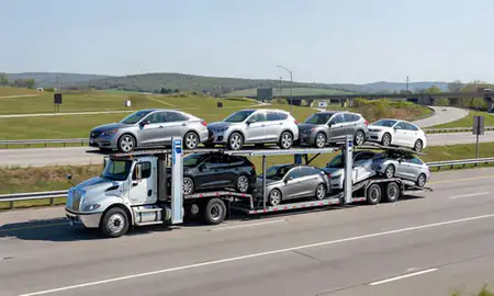 Multi-level car carrier on the highway to Bristol, Tennessee, United States