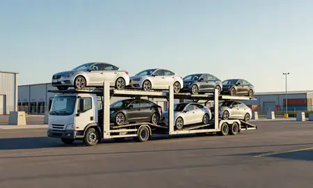 Car transporter loaded with vehicles in Bristol, Tennessee, United States