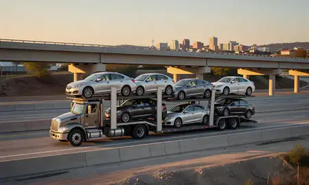 Car transporter with the Bristol, Tennessee, United States skyline behind it