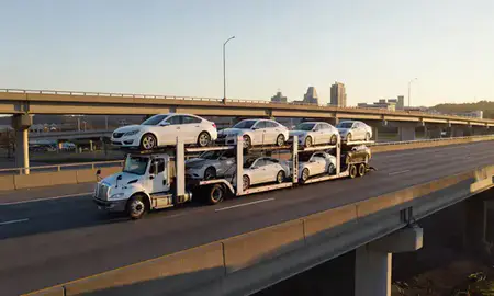 Car transporter with the Chattanooga, Tennessee, United States skyline behind it