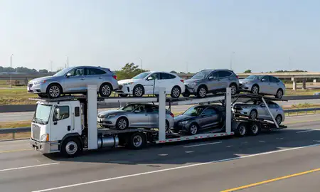 Multi-level car carrier on the highway to Clarksville, Tennessee, United States