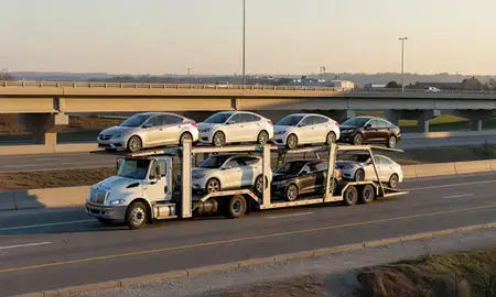 Car transporter with the Clarksville, Tennessee, United States skyline behind it