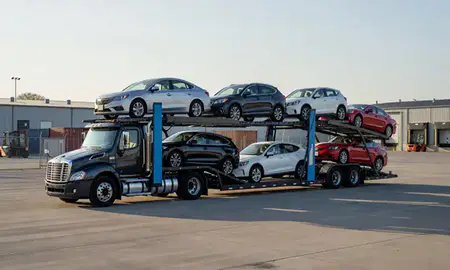 Car transporter loaded with vehicles in Cleveland, Tennessee, United States