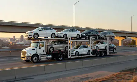 Car transporter with the Cleveland, Tennessee, United States skyline behind it