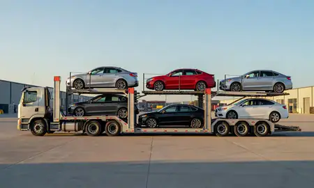 Car transporter parked in an industrial area of Collierville, Tennessee, United States