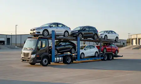 Car transporter loaded with vehicles in Collierville, Tennessee, United States