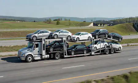Multi-level car carrier on the highway to Columbia, Tennessee, United States