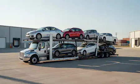 Car transporter loaded with vehicles in Columbia, Tennessee, United States