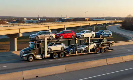 Car transporter with the Columbia, Tennessee, United States skyline behind it