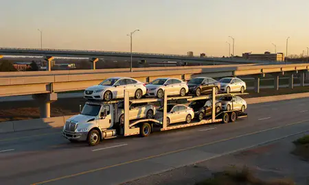 Car transporter with the Cookeville, Tennessee, United States skyline behind it