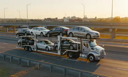 Car transporter with the Franklin, Tennessee, United States skyline behind it