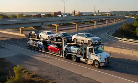 Car transporter with the Gallatin, Tennessee, United States skyline behind it