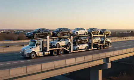 Car transporter with the Germantown, Tennessee, United States skyline behind it