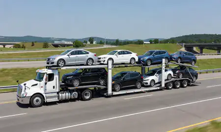 Multi-level car carrier on the highway to Hendersonville, Tennessee, United States
