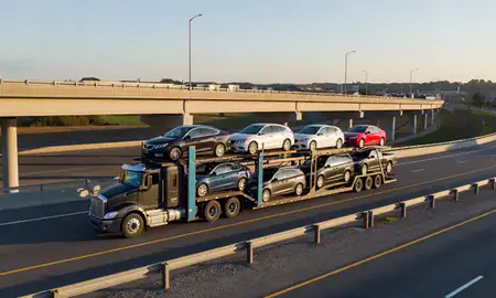 Car transporter with the Hendersonville, Tennessee, United States skyline behind it