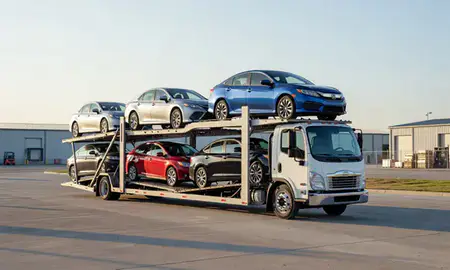 Car transporter loaded with vehicles in Jackson, Tennessee, United States