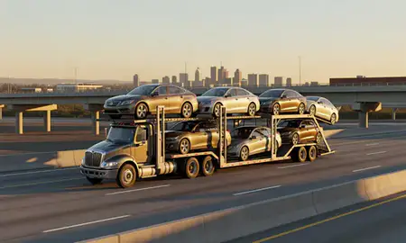 Car transporter with the Jackson, Tennessee, United States skyline behind it