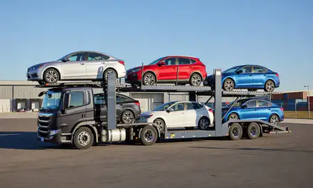 Car transporter loaded with vehicles in Johnson City, Tennessee, United States