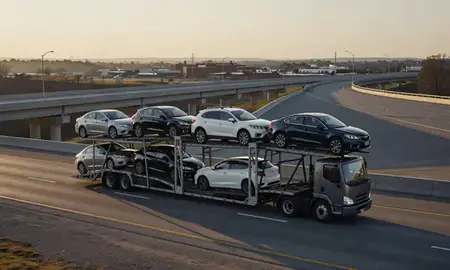 Car transporter with the Johnson City, Tennessee, United States skyline behind it
