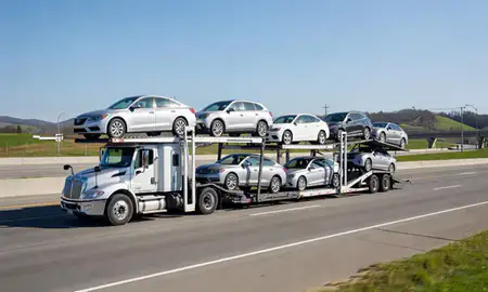 Multi-level car carrier on the highway to Kingsport, Tennessee, United States