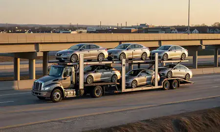Car transporter with the Kingsport, Tennessee, United States skyline behind it