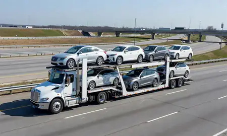 Multi-level car carrier on the highway to Knoxville, Tennessee, United States