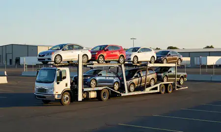 Car transporter loaded with vehicles in Knoxville, Tennessee, United States
