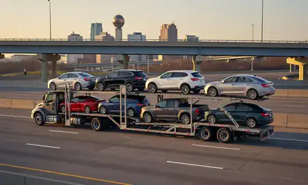Car transporter with the Knoxville, Tennessee, United States skyline behind it