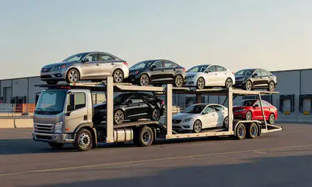 Car transporter loaded with vehicles in La Vergne, Tennessee, United States