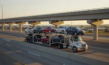 Car transporter with the La Vergne, Tennessee, United States skyline behind it