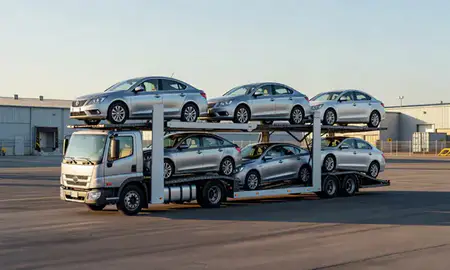 Car transporter loaded with vehicles in Lebanon, Tennessee, United States