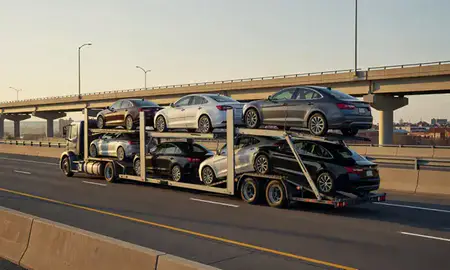 Car transporter with the Lebanon, Tennessee, United States skyline behind it