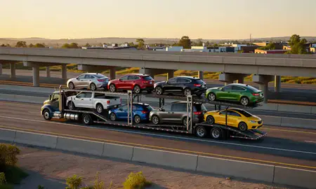 Car transporter with the Maryville, Tennessee, United States skyline behind it