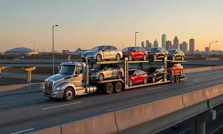 Car transporter with the Memphis, Tennessee, United States skyline behind it