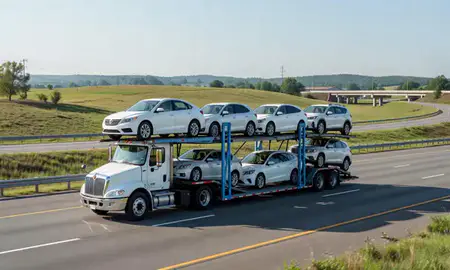 Multi-level car carrier on the highway to Morristown, Tennessee, United States