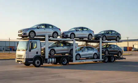 Car transporter loaded with vehicles in Morristown, Tennessee, United States