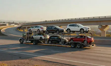 Car transporter with the Morristown, Tennessee, United States skyline behind it