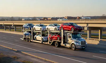 Car transporter with the Murfreesboro, Tennessee, United States skyline behind it
