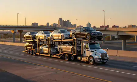 Car transporter with the Nashville, Tennessee, United States skyline behind it