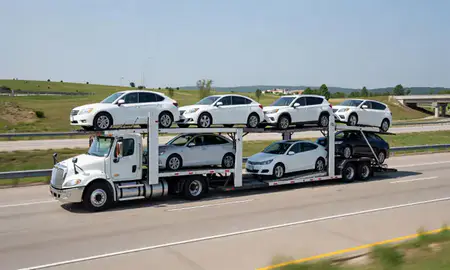 Multi-level car carrier on the highway to Oak Ridge, Tennessee, United States