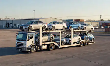 Car transporter loaded with vehicles in Oak Ridge, Tennessee, United States
