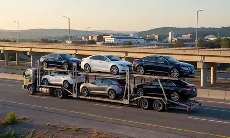 Car transporter with the Oak Ridge, Tennessee, United States skyline behind it