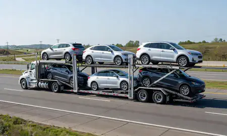 Multi-level car carrier on the highway to Shelbyville, Tennessee, United States