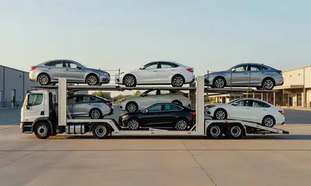 Car transporter parked in an industrial area of Shelbyville, Tennessee, United States