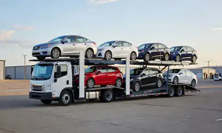 Car transporter loaded with vehicles in Shelbyville, Tennessee, United States