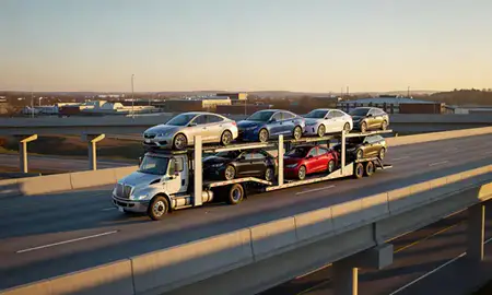 Car transporter with the Shelbyville, Tennessee, United States skyline behind it