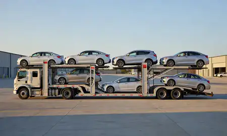 Car transporter parked in an industrial area of Smyrna, Tennessee, United States
