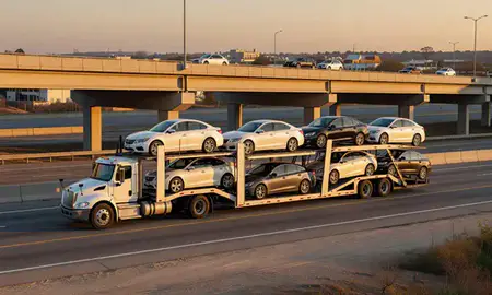Car transporter with the Smyrna, Tennessee, United States skyline behind it