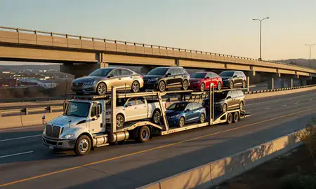 Car transporter with the Spring Hill, Tennessee, United States skyline behind it