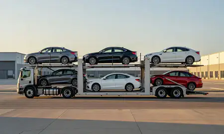 Car transporter parked in an industrial area of Texas, United States